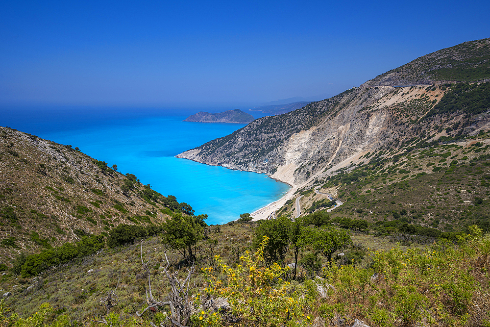 View of Myrtos Beach, coastline, sea and hills near Agkonas, Kefalonia, Ionian Islands, Greek Islands, Greece, Europe