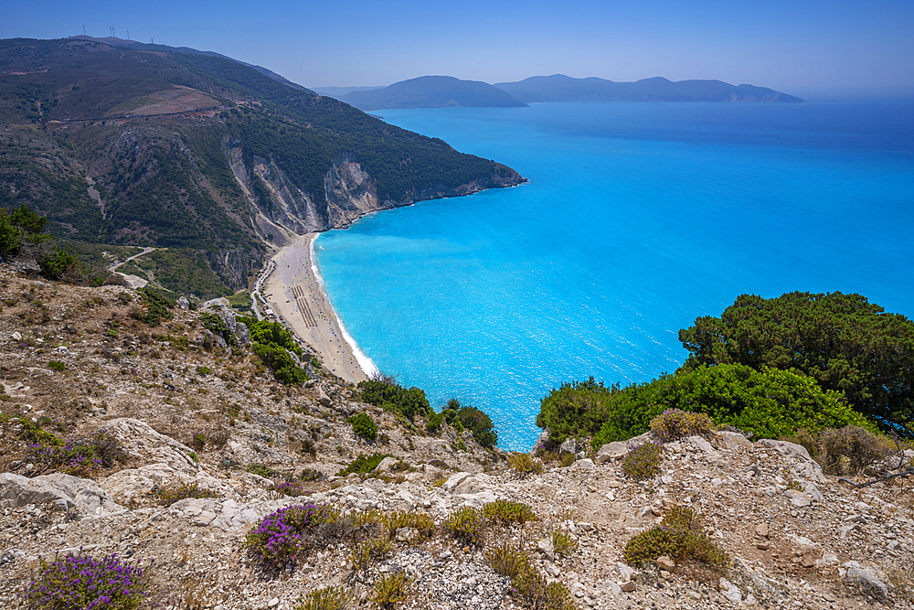 View of Myrtos Beach, coastline, sea and hills near Agkonas, Kefalonia, Ionian Islands, Greek Islands, Greece, Europe