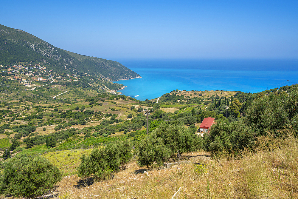 View of coastline, sea and hills near Agkonas, Kefalonia, Ionian Islands, Greek Islands, Greece, Europe