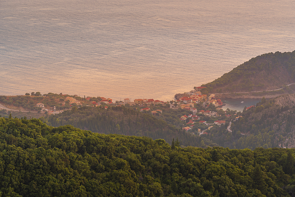 View of Assos, coastline, sea and hills at sunset, Assos, Kefalonia, Ionian Islands, Greek Islands, Greece, Europe