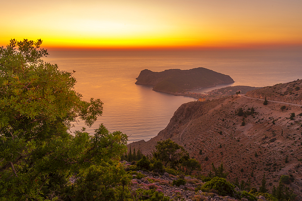 View of Assos, coastline, sea and hills at sunset, Kefalonia, Ionian Islands, Greek Islands, Greece, Europe