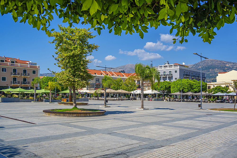 View of Vallianou Square, Central Square of Argostoli, capital of Cephalonia, Argostolion, Kefalonia, Ionian Islands, Greek Islands, Greece, Europe