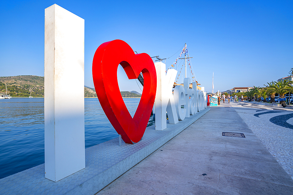 I Love Kefalonia sign in Argostoli, capital of Cephalonia, Argostolion, Kefalonia, Ionian Islands, Greek Islands, Greece, Europe