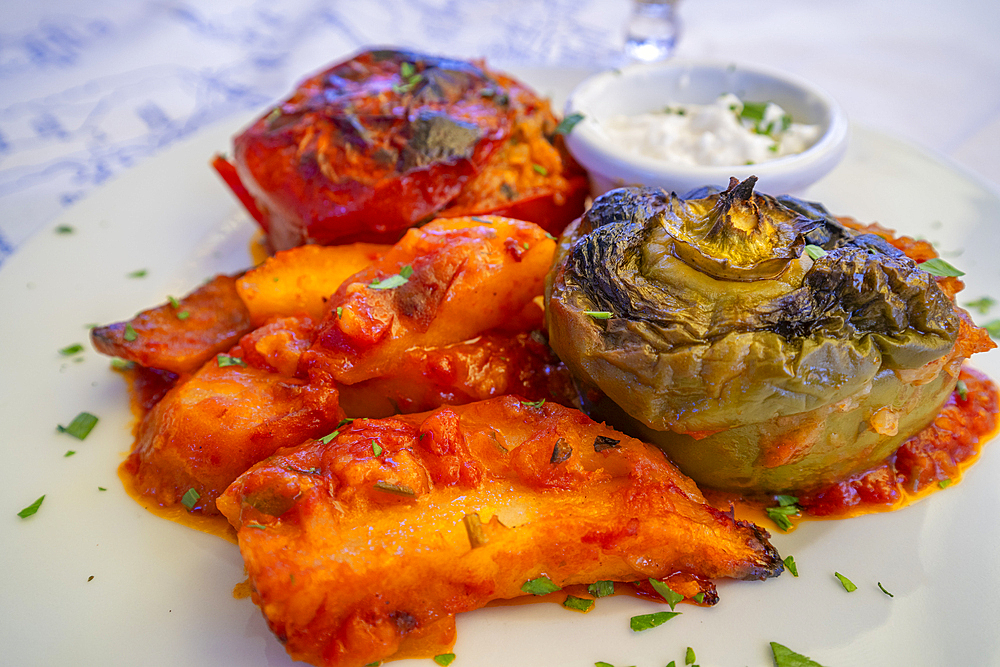 Stuffed peppers and roast vegetables in Assos, Assos, Kefalonia, Ionian Islands, Greece, Europe