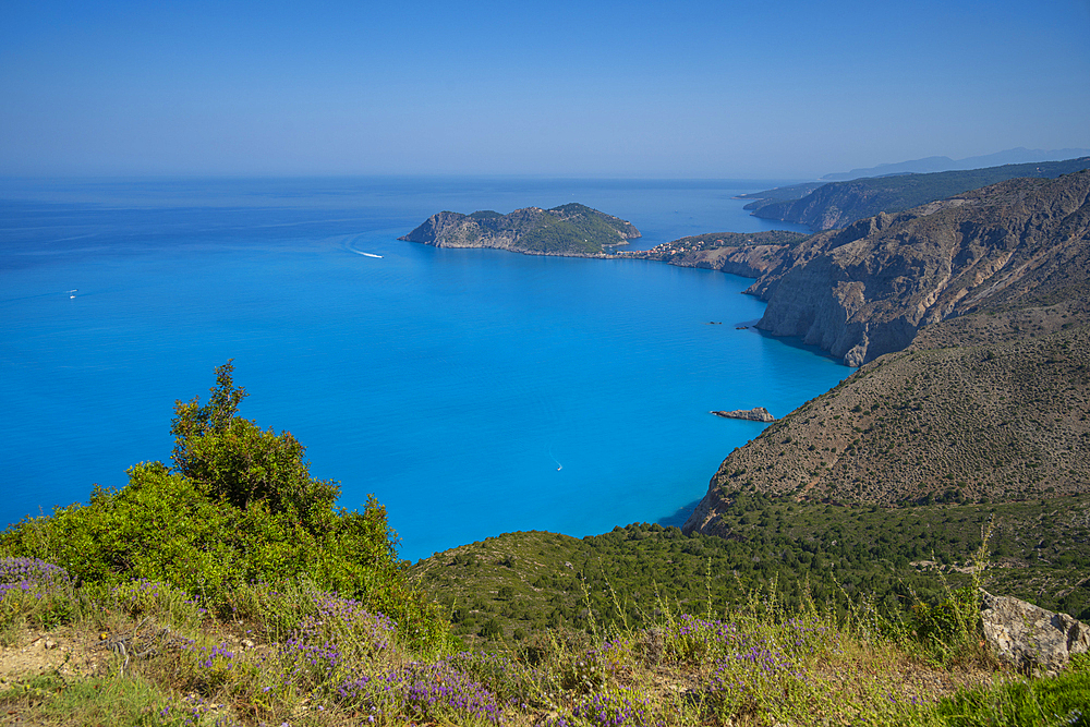 View of coastline, sea and Assos from near Agkonas, Kefalonia, Ionian Islands, Greek Islands, Greece, Europe