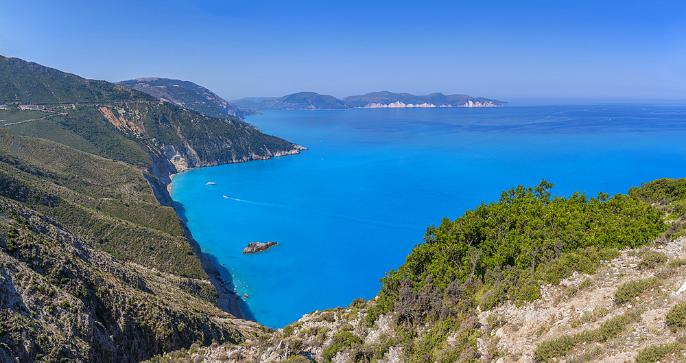 View of coastline, sea and hills from near Agkonas, Kefalonia, Ionian Islands, Greek Islands, Greece, Europe