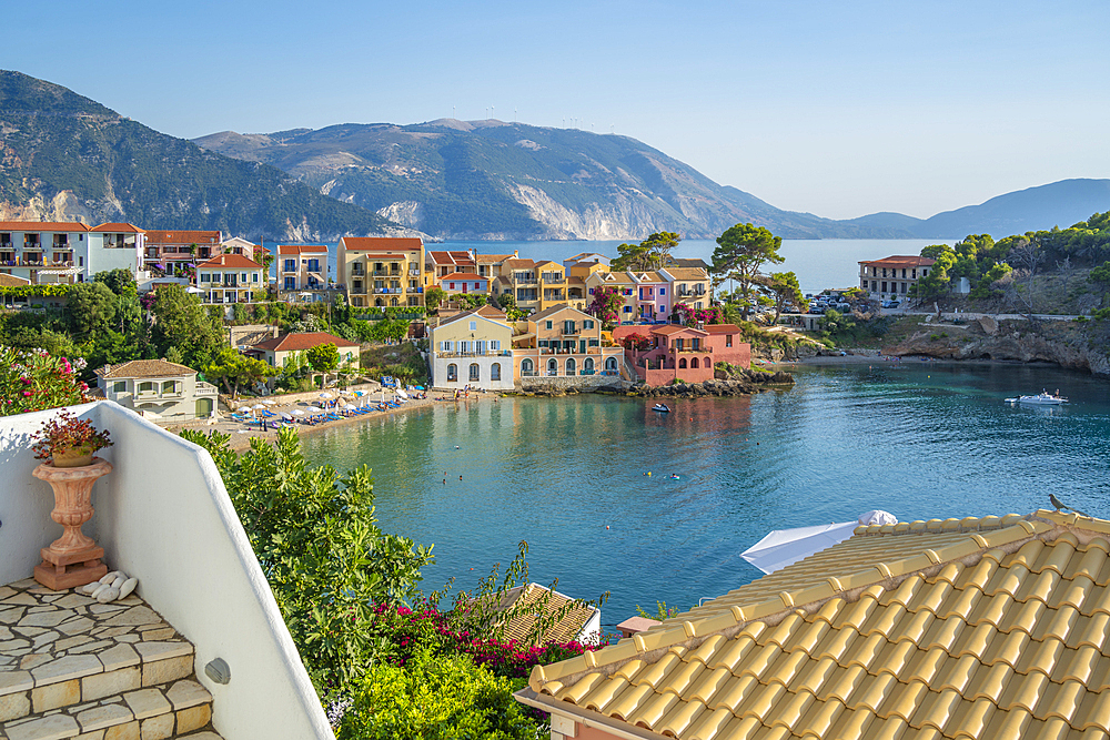 Elevated view of harbour and colourful houses in Assos, Assos, Kefalonia, Ionian Islands, Greek Islands, Greece, Europe