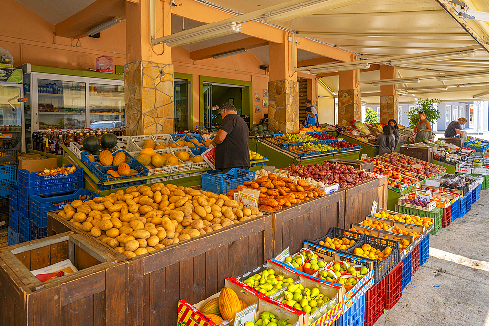 View of fruit stall in Argostoli, capital of Cephalonia, Argostolion, Kefalonia, Ionian Islands, Greek Islands, Greece, Europe