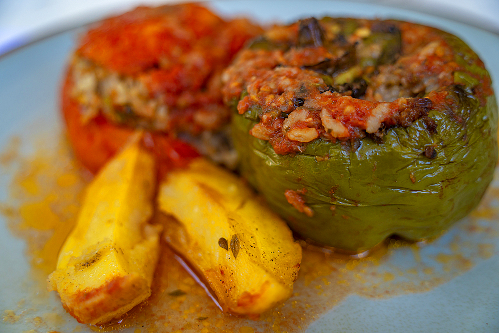 Yemista Greek stuffed peppers, Skala, Kefalonia, Ionian Islands, Greek Islands, Greece, Europe