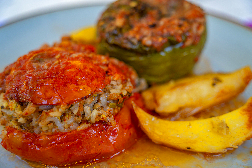 Yemista Greek stuffed peppers, Skala, Kefalonia, Ionian Islands, Greek Islands, Greece, Europe