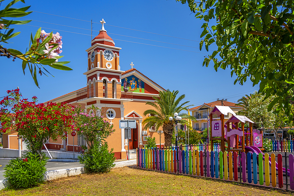 View of Church of Agios Gerasimos in Skala, Skala, Kefalonia, Ionian Islands, Greek Islands, Greece, Europe