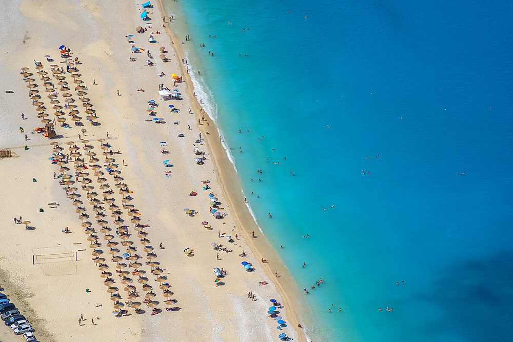 Aerial view of Myrtos Beach, coastline, sea and hills near Agkonas, Kefalonia, Ionian Islands, Greek Islands, Greece, Europe