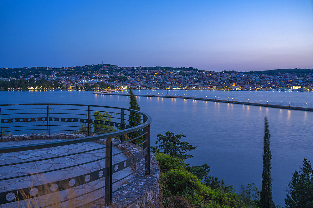 View of Argostoli, capital of Cephalonia and De Bosset Bridge at dusk, Argostolion, Kefalonia, Ionian Islands, Greek Islands, Greece, Europe