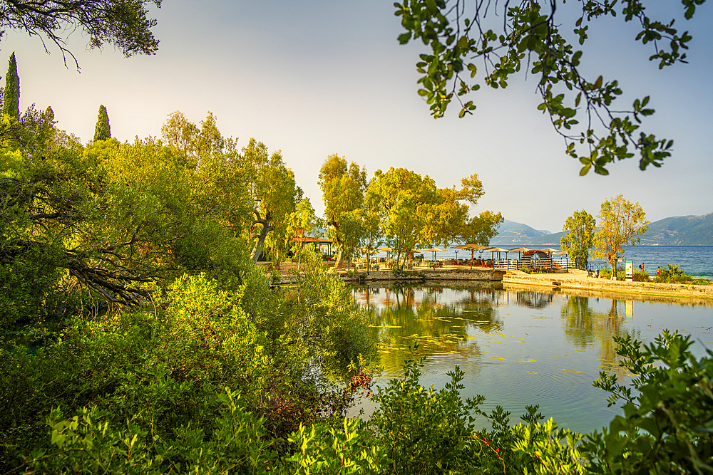 View of Karavomilos Lake in Sami, Sami, Kefalonia, Ionian Islands, Greek Islands, Greece, Europe