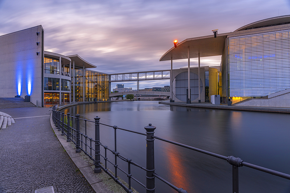 View of the River Spree and the Marie-Elisabeth-Lüders-Haus at sunset, German Parliament building, Mitte, Berlin, Germany, Europe