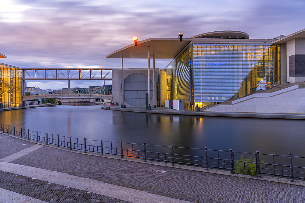 View of the River Spree and the Marie-Elisabeth-Luders-Haus at sunset, German Parliament building, Mitte, Berlin, Germany, Europe