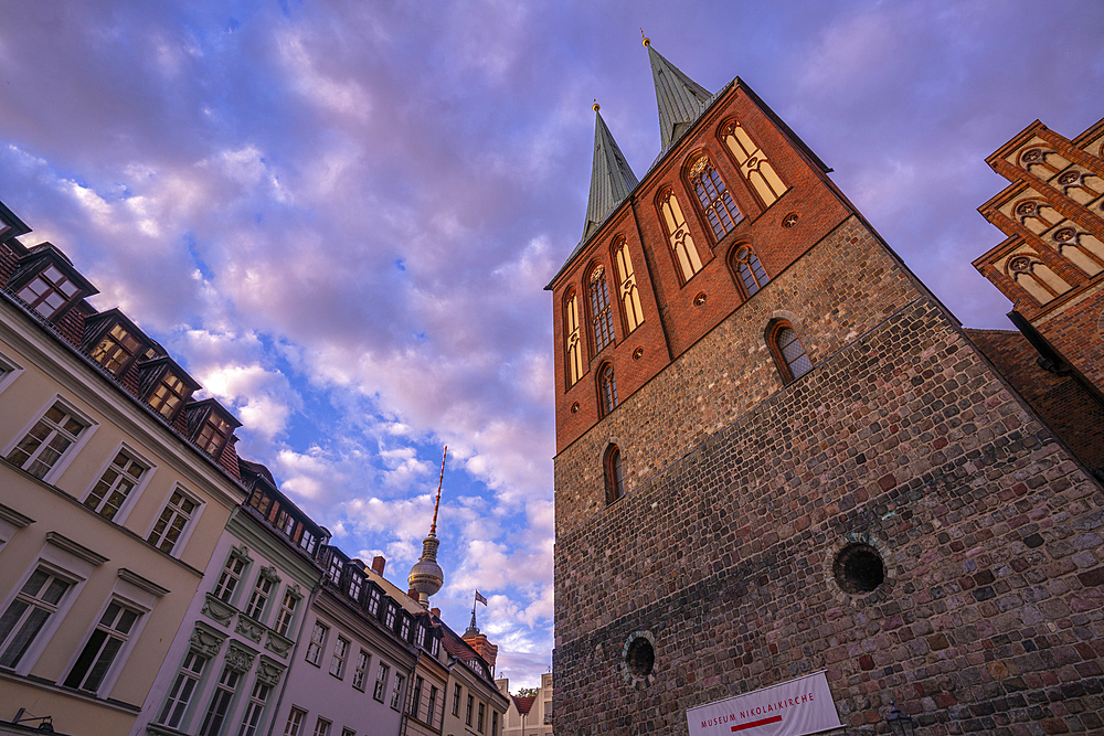 View of St. Nicholas Church at sunset, Nikolai District, Berlin, Germany, Europe