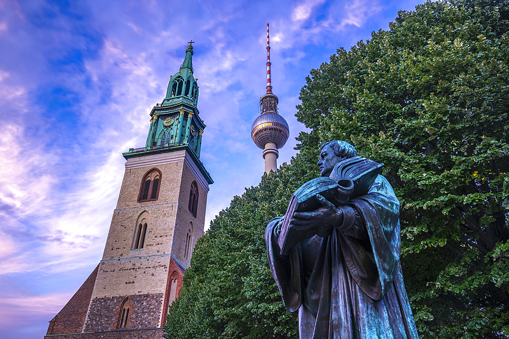 View of Berliner Fernsehturm and St. Mary's Church at dusk, Panoramastrasse, Berlin, Germany, Europe