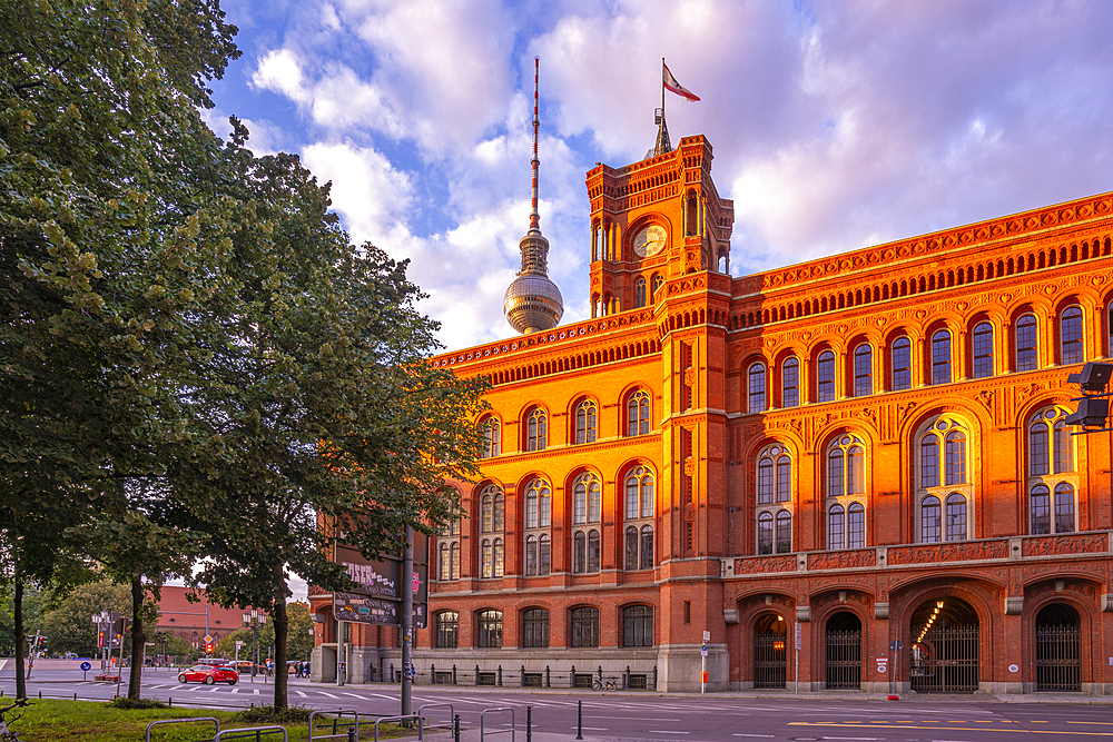 View of Rotes Rathaus (Town Hall) at sunset, Nikolai District, Berlin, Germany, Europe