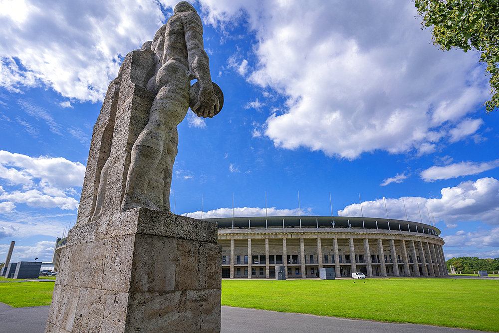 View of exterior of Olympiastadion Berlin and statues, built for the 1936 Olympics, Berlin, Germany, Europe