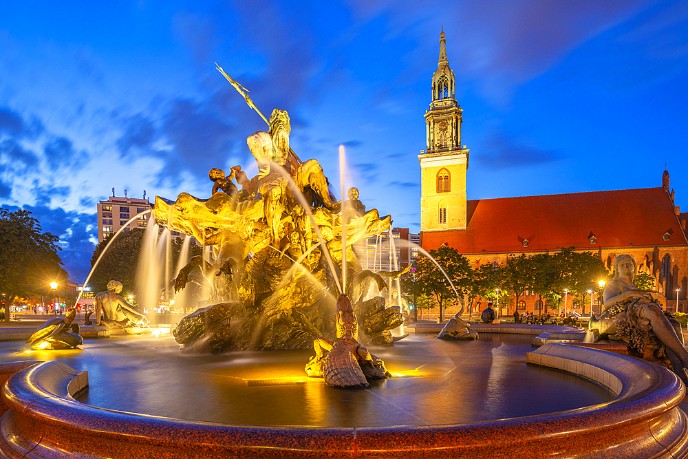 View of St. Mary's Church and Neptunbrunnen fountain at dusk, Panoramastrasse, Berlin, Germany, Europe