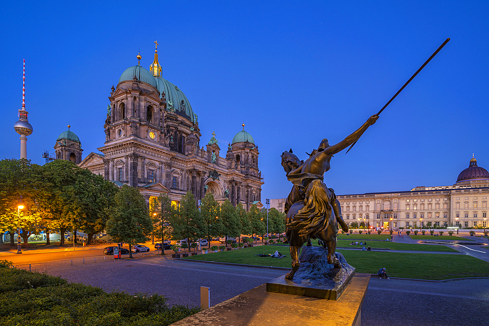 View of Berliner Dom (Berlin Cathedral) viewed from Neues Museum at dusk, Berlin, Germany, Europe