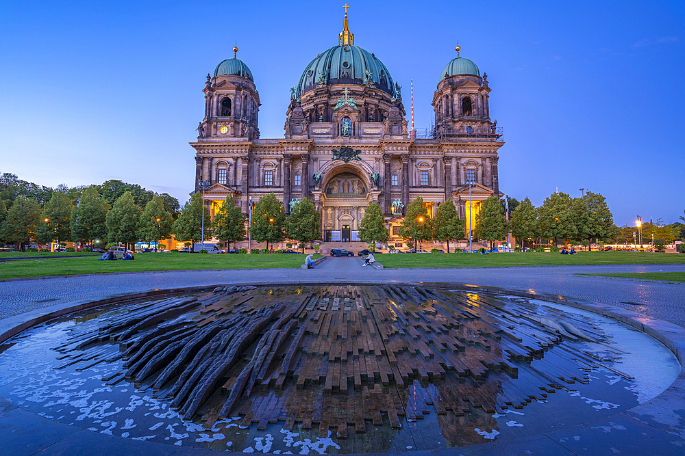 View of Berliner Dom (Berlin Cathedral) viewed from Lustgarten at dusk, Berlin, Germany, Europe