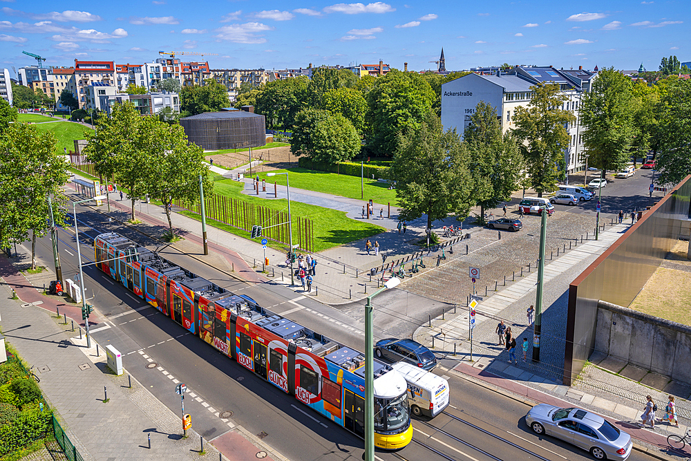 Elevated view of the Berlin Wall Memorial, Memorial Park, Bernauer Strasse, Berlin, Germany, Europe