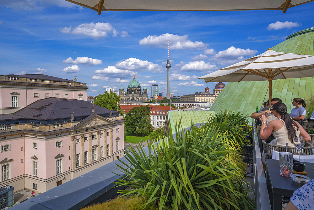 View of Berliner Fernsehturm and Berlin Cathedral from the Rooftop Terrace at Hotel de Rome, Berlin, Germany, Europe