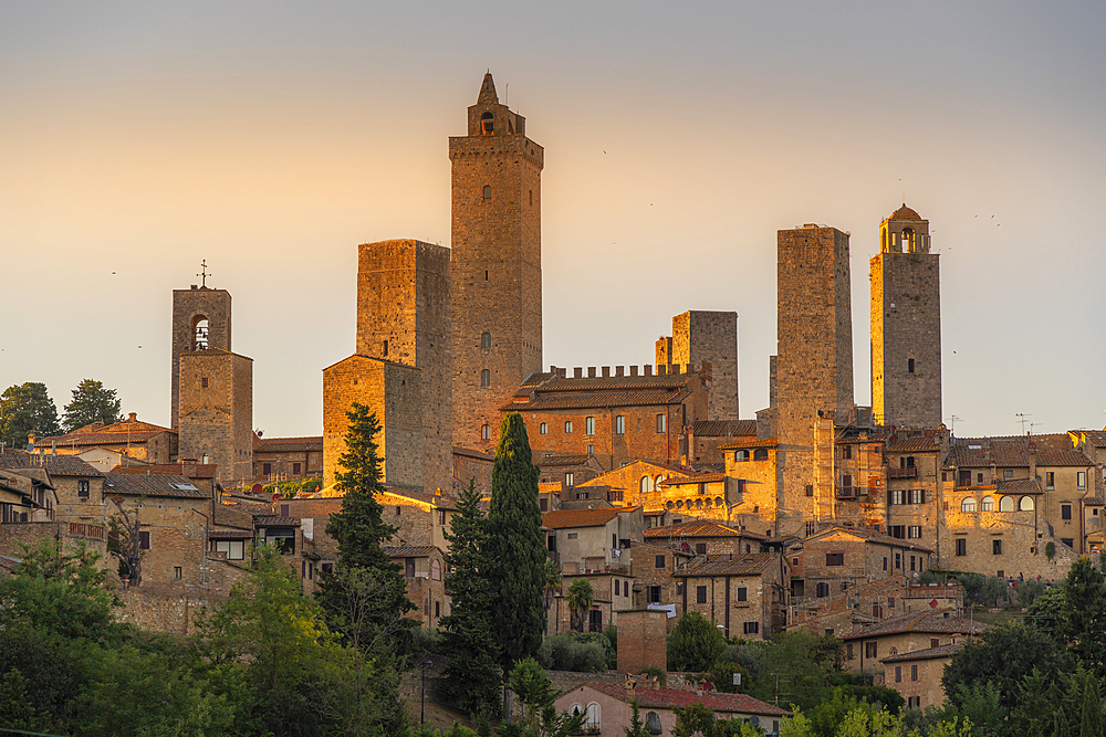 View of San Gimignano skyline at sunset, San Gimignano, UNESCO World Heritage Site, Province of Siena, Tuscany, Italy, Europe