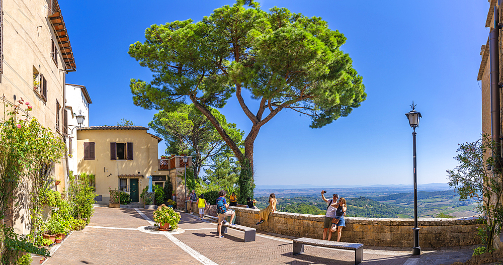 View of Tuscan landscape from Vicolo della Mura in Montepulciano, Montepulciano, Province of Siena, Tuscany, Italy, Europe