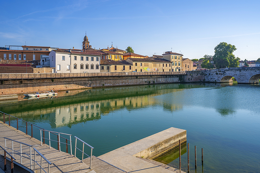 View of buildings reflecting on the Rimini Canal, Rimini, Emilia-Romagna, Italy, Europe