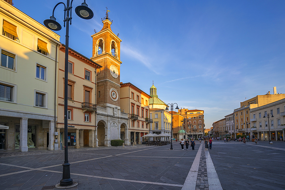 View of Torre dell'Orologio in Piazza Tre Martiri, Rimini, Emilia-Romagna, Italy, Europe