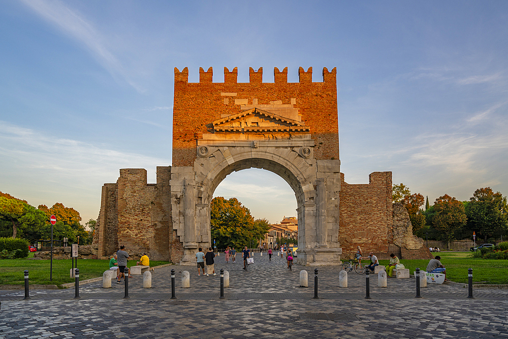 View of Arch of Augustus (Arco d'Augusto) at sunset, Rimini, Emilia-Romagna, Italy, Europe