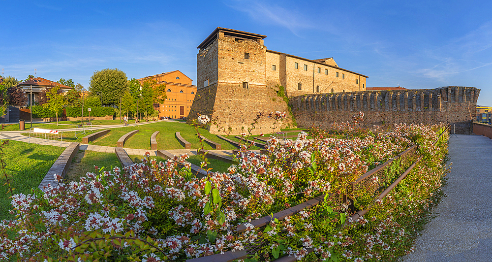 View of Rocca Malatestiana from Arena Francesca da Rimini, Rimini, Emilia-Romagna, Italy, Europe