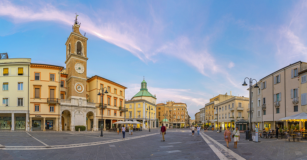 View of Torre dell'Orologio in Piazza Tre Martiri, Rimini, Emilia-Romagna, Italy, Europe