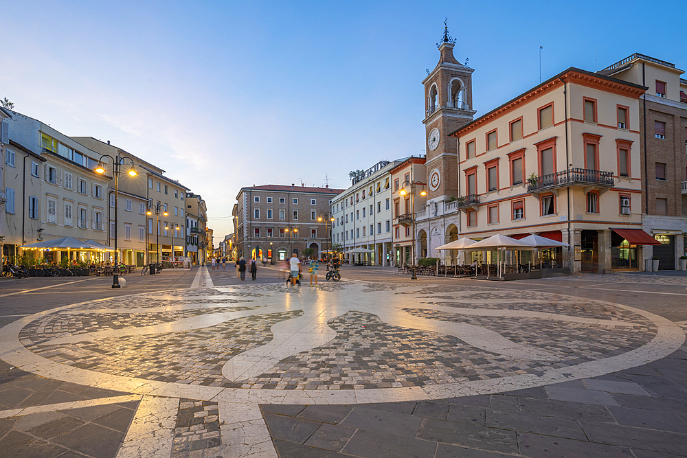 View of Torre dell'Orologio in Piazza Tre Martiri at dusk, Rimini, Emilia-Romagna, Italy, Europe