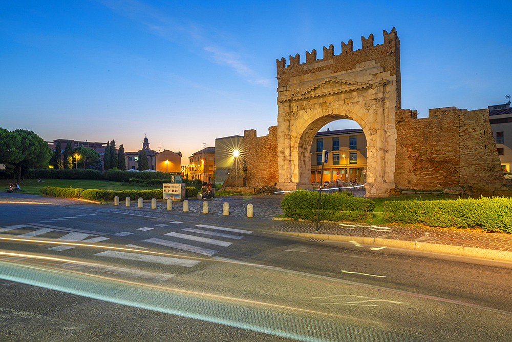 View of Arch of Augustus (Arco d'Augusto) at dusk, Rimini, Emilia-Romagna, Italy, Europe