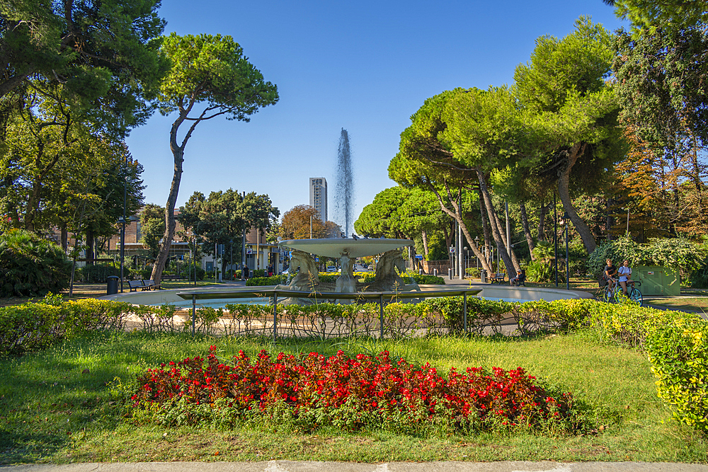 View of water fountain in Parco Federico Fellini beach Rimini Beach, Rimini, Emilia-Romagna, Italy, Europe