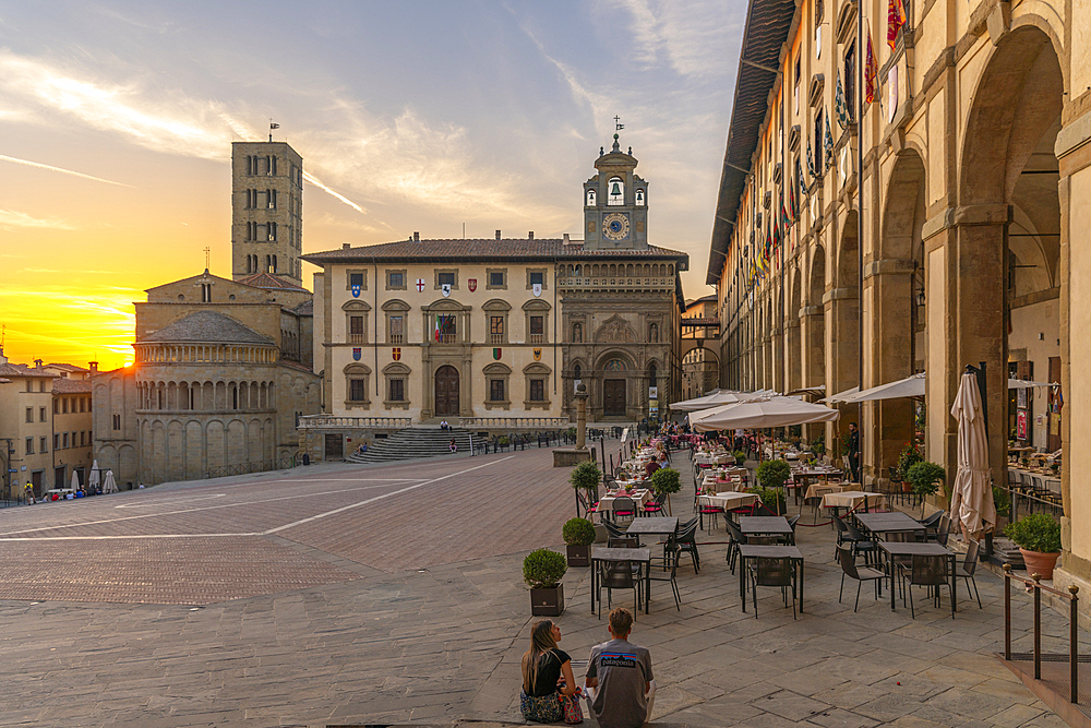 View of architecture in Piazza Grande at sunset, Arezzo, Province of Arezzo, Tuscany, Italy, Europe