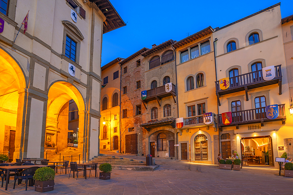 View of architecture in Piazza Grande at dusk, Arezzo, Province of Arezzo, Tuscany, Italy, Europe