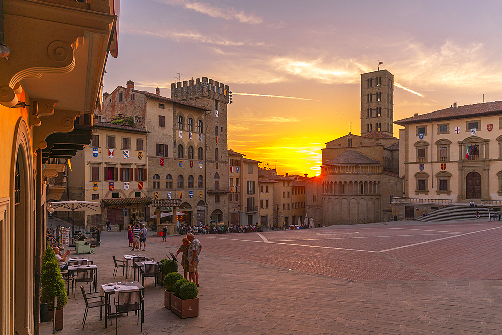 View of architecture in Piazza Grande at sunset, Arezzo, Province of Arezzo, Tuscany, Italy, Europe