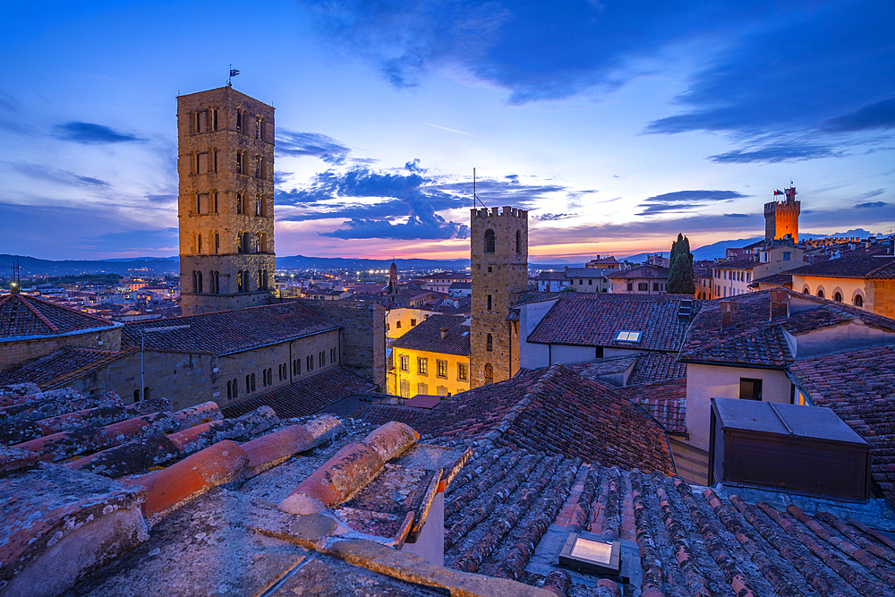 View of city skyline and rooftops from Palazzo della Fraternita dei Laici at dusk, Arezzo, Province of Arezzo, Tuscany, Italy, Europe