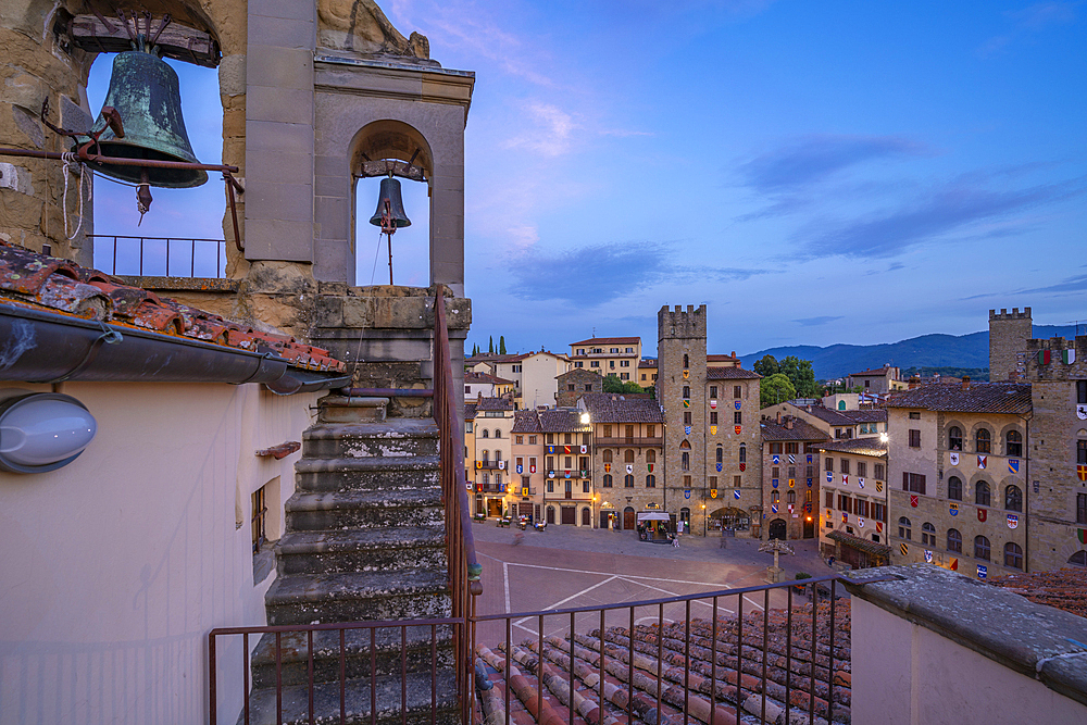 View of Piazza Grande from Palazzo della Fraternita dei Laici at dusk, Arezzo, Province of Arezzo, Tuscany, Italy, Europe