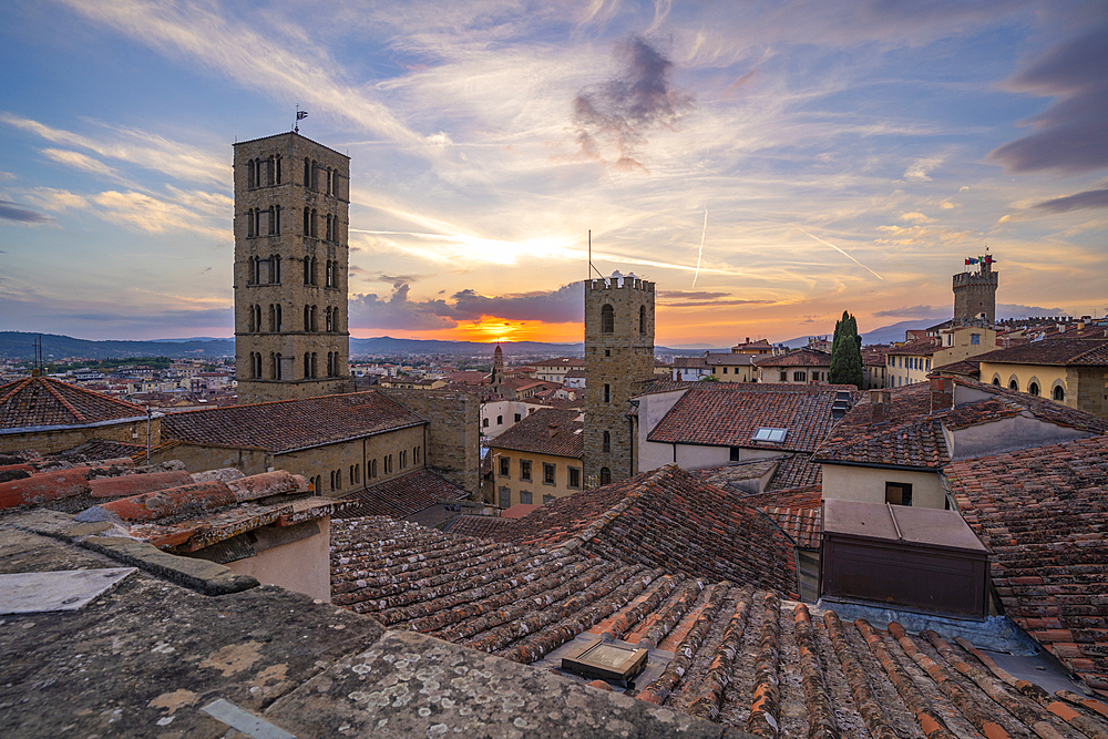 View of city skyline and rooftops from Palazzo della Fraternita dei Laici at sunset, Arezzo, Province of Arezzo, Tuscany, Italy, Europe