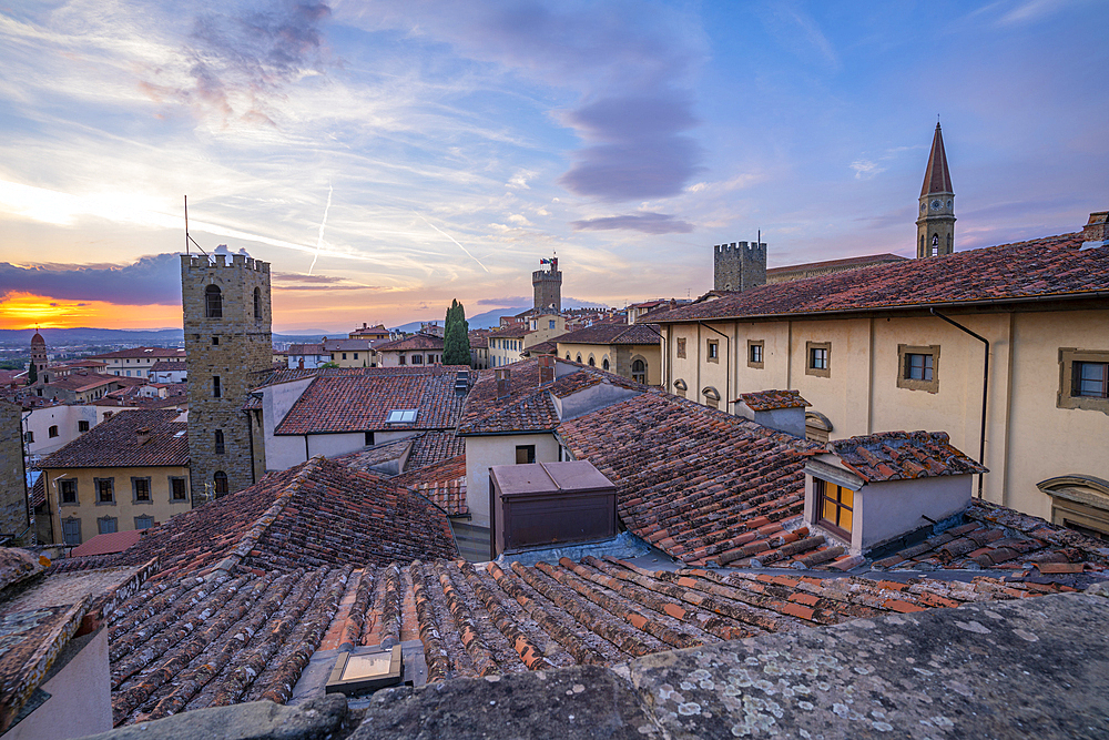 View of city skyline and rooftops from Palazzo della Fraternita dei Laici at sunset, Arezzo, Province of Arezzo, Tuscany, Italy, Europe