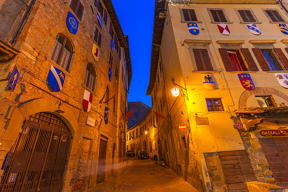 View of narrow street at dusk, Arezzo, Province of Arezzo, Tuscany, Italy, Europe