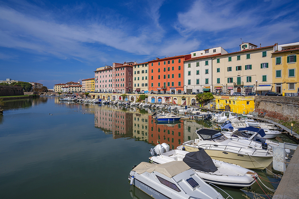 View of colourful buildings and canal, Livorno, Province of Livorno, Tuscany, Italy, Europe