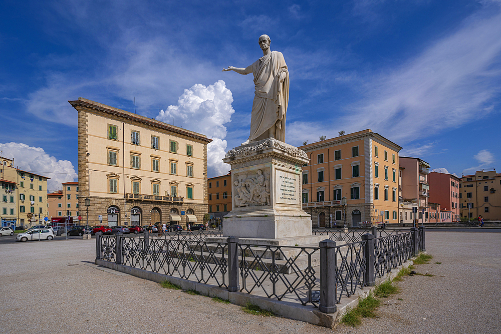 View of Ferdinando III statue in Piazza della Repubblica, Livorno, Province of Livorno, Tuscany, Italy, Europe