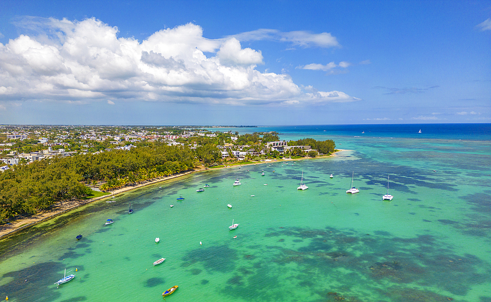 Aerial view of coastline, beach and turquoise water at Cap Malheureux, Mauritius, Indian Ocean, Africa